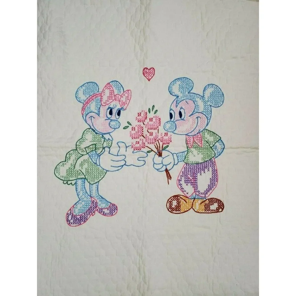 Vintage 70s Disney Needlecraft Crib Blanket Mickey Minnie Cross Stitch Yellow